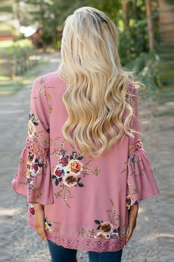 Flare Sleeve Floral Print Lace Blouse