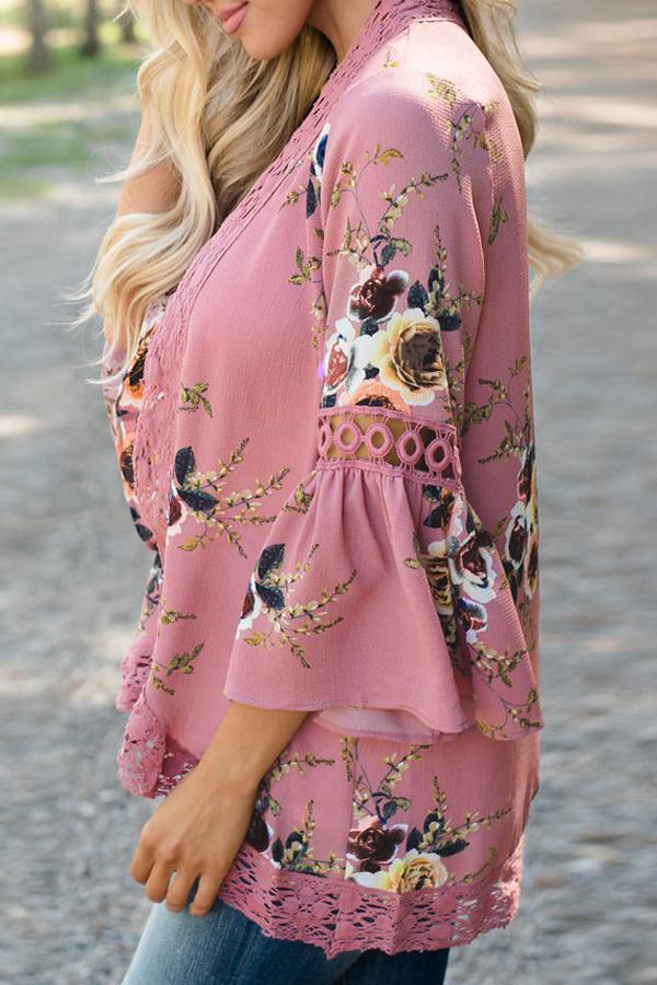 Flare Sleeve Floral Print Lace Blouse