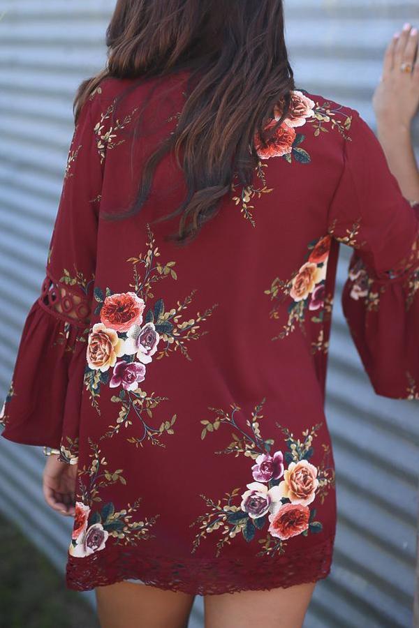 Flare Sleeve Floral Print Lace Blouse