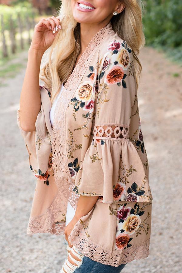 Flare Sleeve Floral Print Lace Blouse