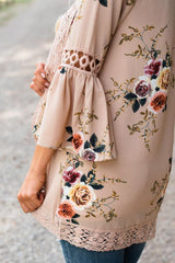 Flare Sleeve Floral Print Lace Blouse