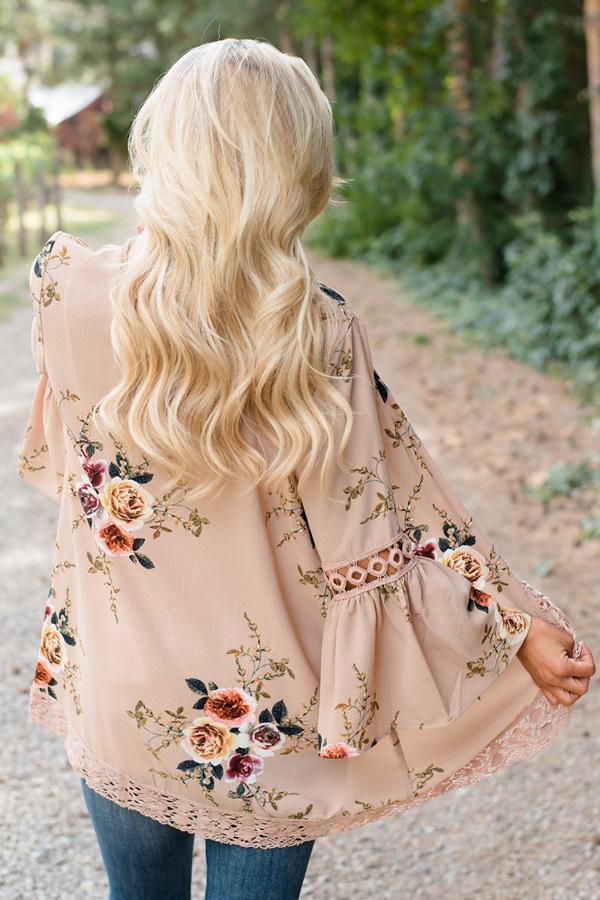 Flare Sleeve Floral Print Lace Blouse