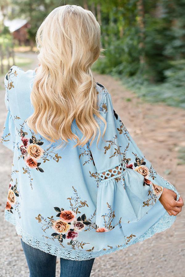 Flare Sleeve Floral Print Lace Blouse