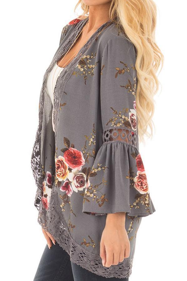 Flare Sleeve Floral Print Lace Blouse