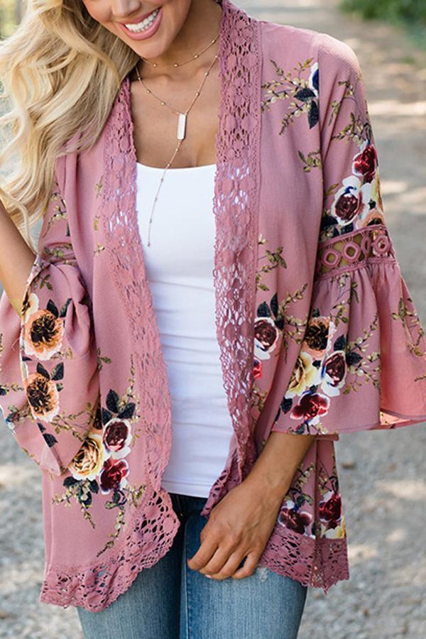 Flare Sleeve Floral Print Lace Blouse