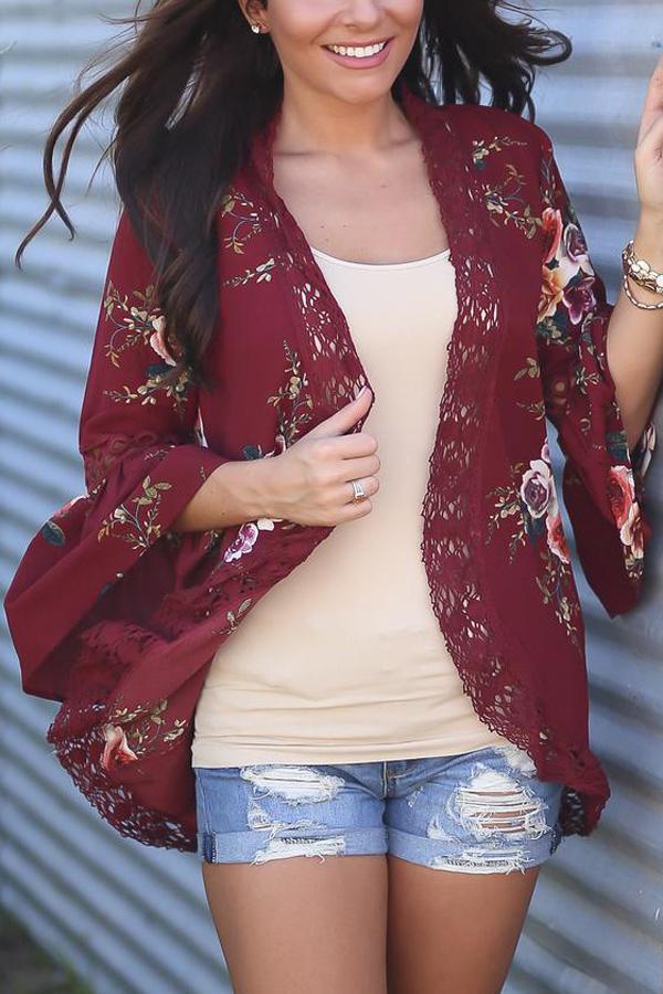 Flare Sleeve Floral Print Lace Blouse