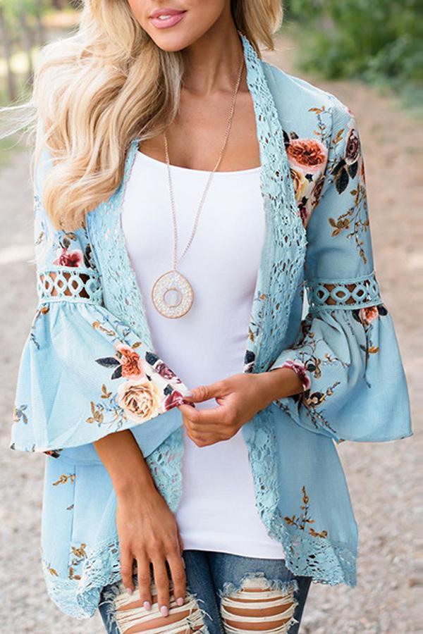 Flare Sleeve Floral Print Lace Blouse