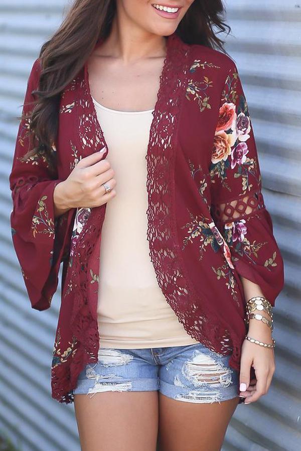 Flare Sleeve Floral Print Lace Blouse