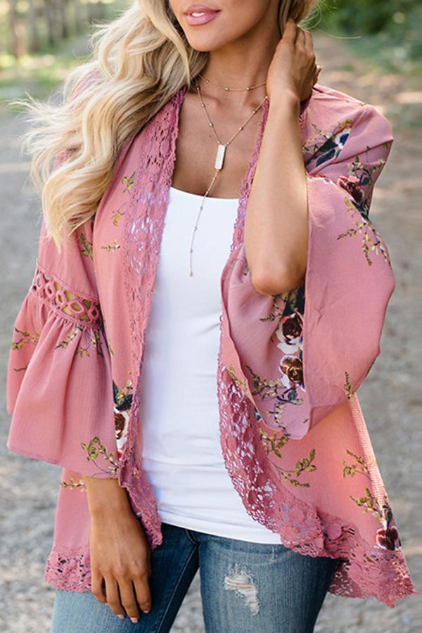 Flare Sleeve Floral Print Lace Blouse