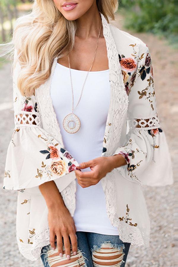 Flare Sleeve Floral Print Lace Blouse