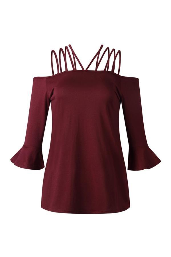 Flare Sleeve Off-shouder Sling T-shirt