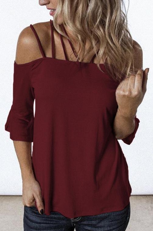 Flare Sleeve Off-shouder Sling T-shirt