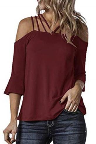 Flare Sleeve Off-shouder Sling T-shirt