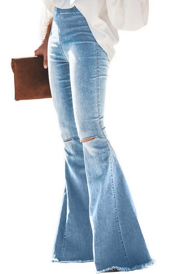 Flared Trousers with High Waist and Knee Holes