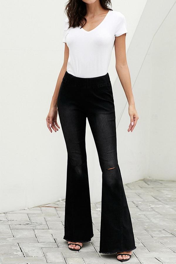 Flared Trousers with High Waist and Knee Holes