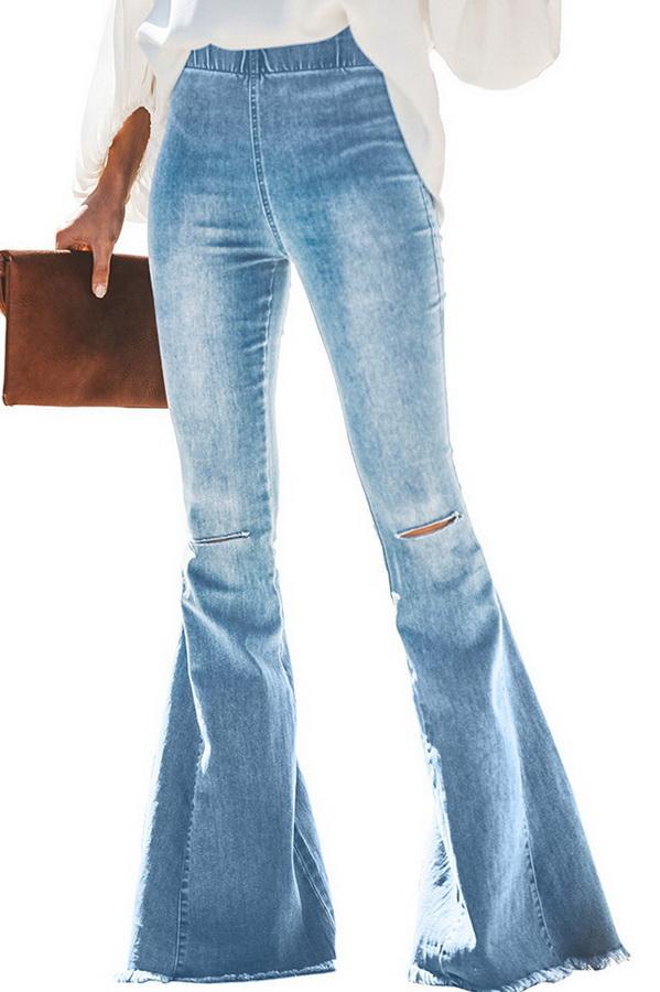 Flared Trousers with High Waist and Knee Holes