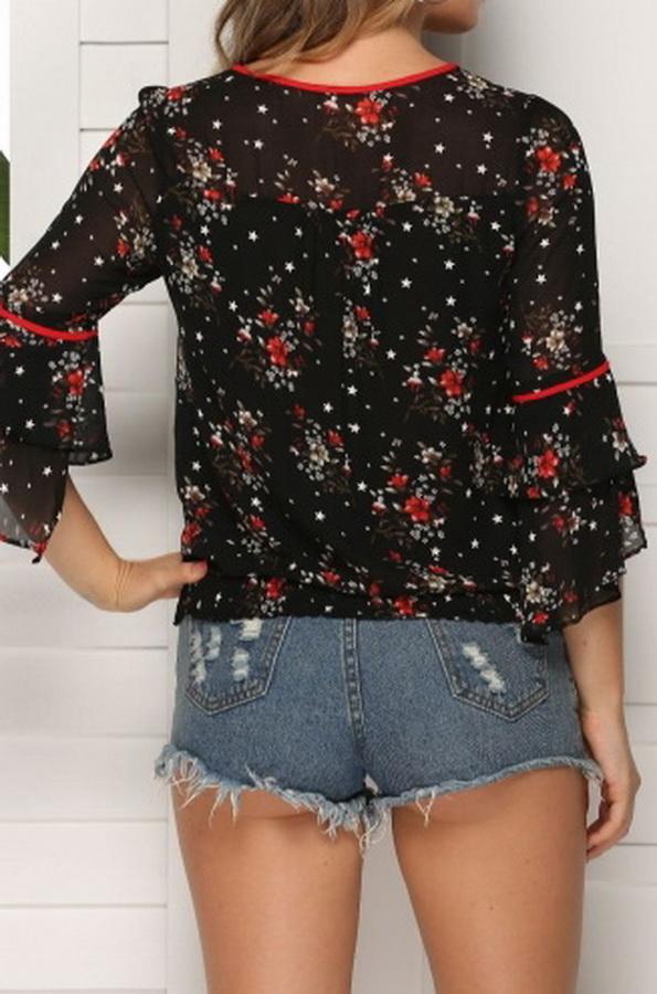 Floral Flared Sleeves Loose Chiffon Blouse