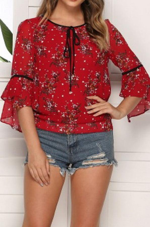 Floral Flared Sleeves Loose Chiffon Blouse