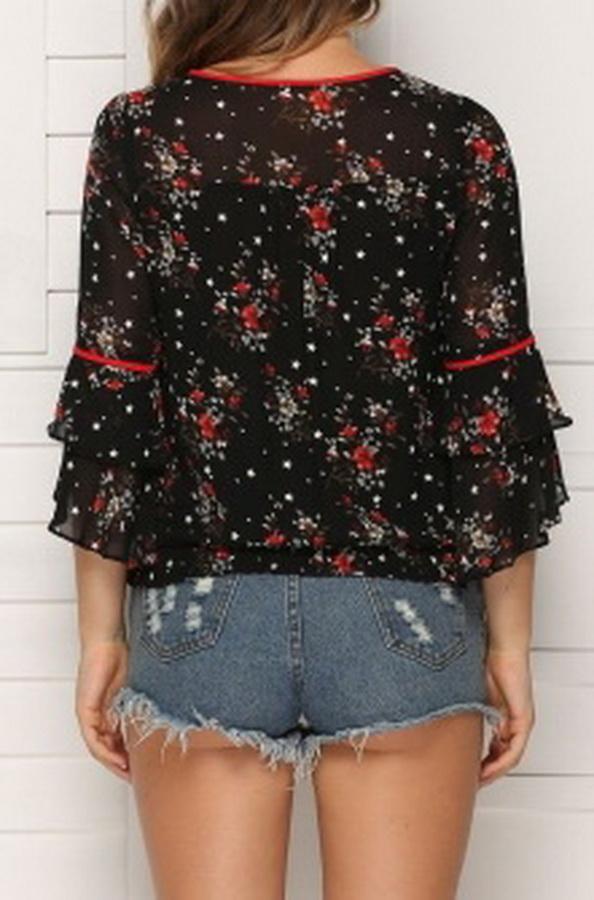 Floral Flared Sleeves Loose Chiffon Blouse