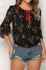 Floral Flared Sleeves Loose Chiffon Blouse