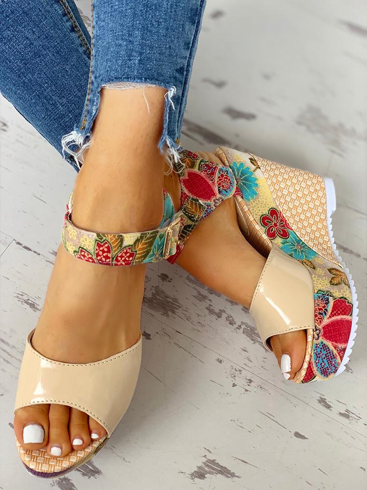 Floral Peep-toe Platform Wedge Sandals