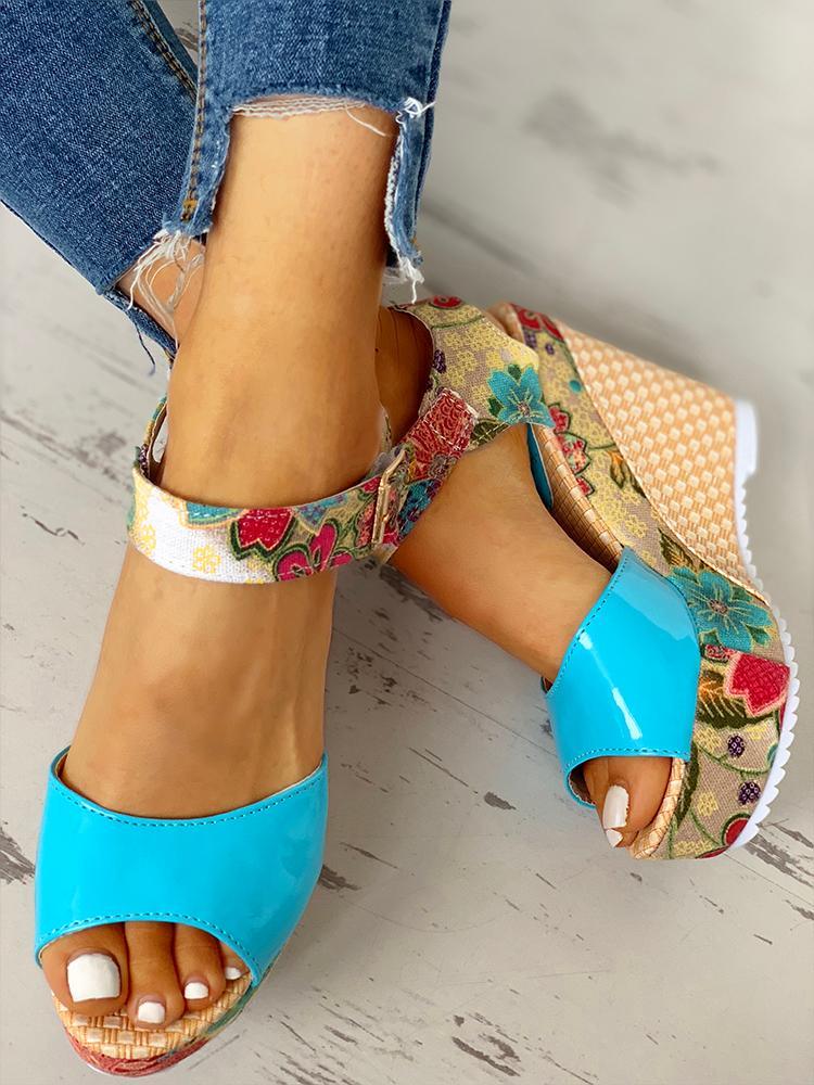 Floral Peep-toe Platform Wedge Sandals