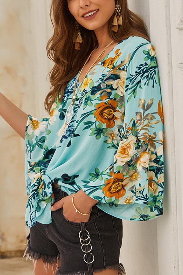 Floral V Neck Knot Blouse