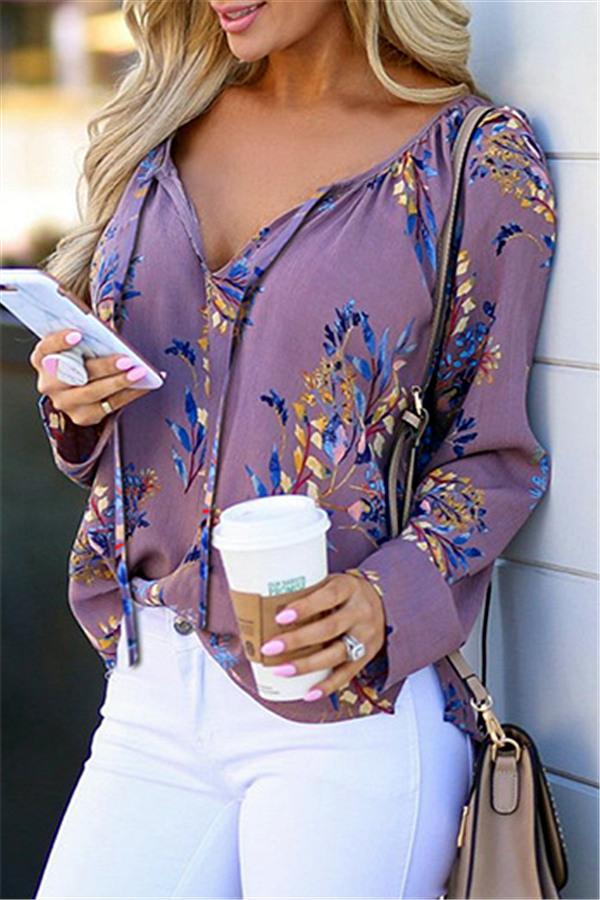 Floral V Neck Lace Up Blouse