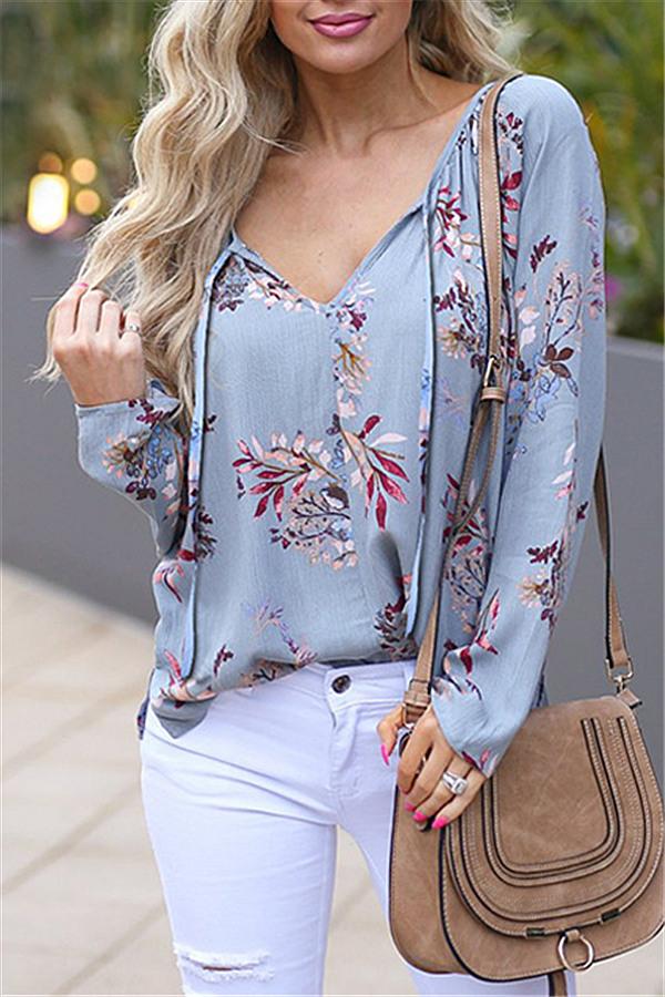 Floral V Neck Lace Up Blouse