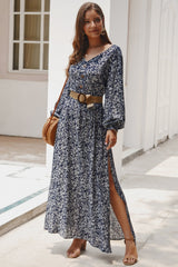 Floral V Neck Long-sleeved Mid Dress