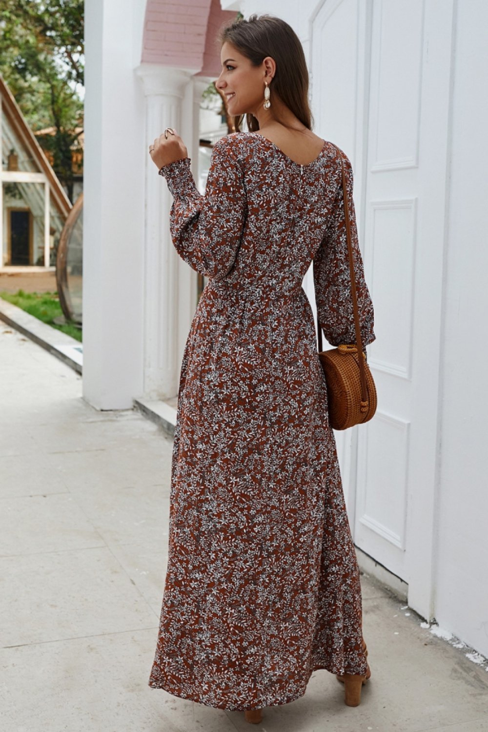 Floral V Neck Long-sleeved Mid Dress