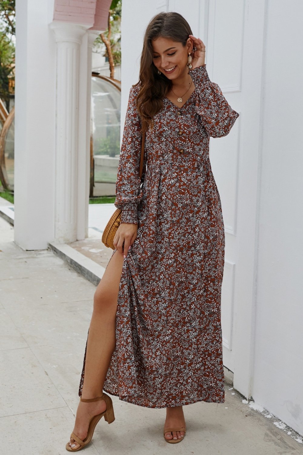 Floral V Neck Long-sleeved Mid Dress