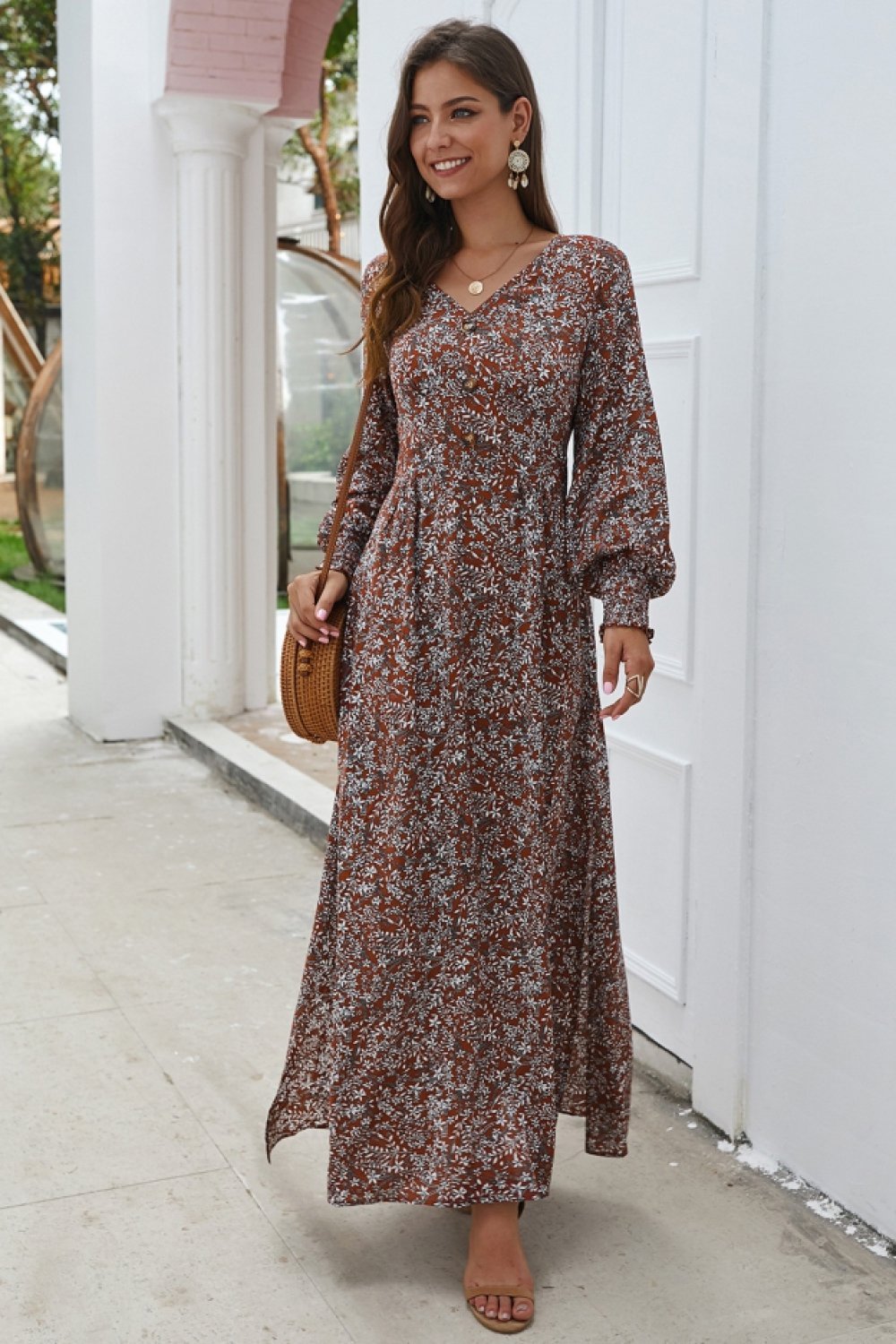 Floral V Neck Long-sleeved Mid Dress