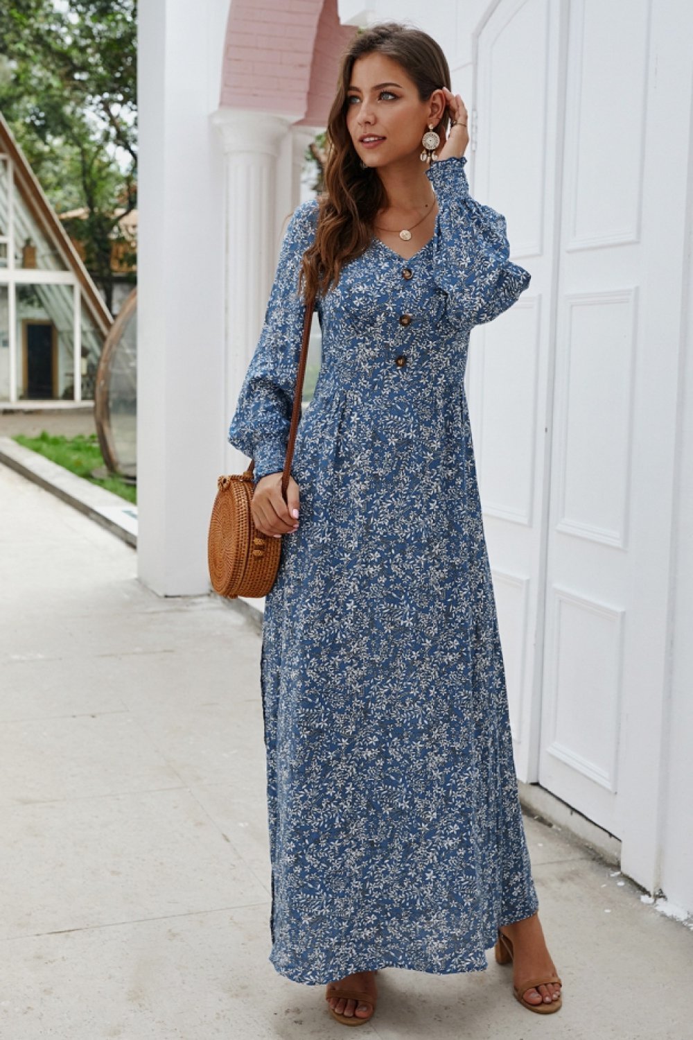 Floral V Neck Long-sleeved Mid Dress