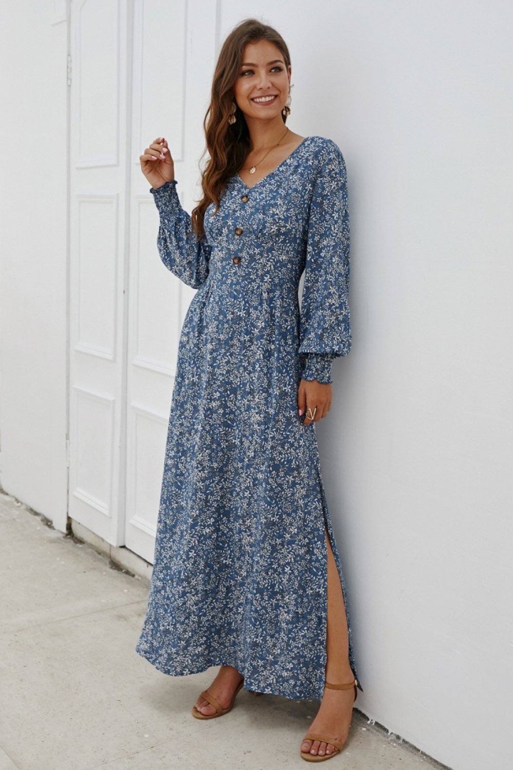 Floral V Neck Long-sleeved Mid Dress