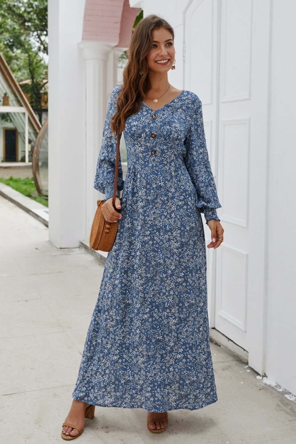 Floral V Neck Long-sleeved Mid Dress