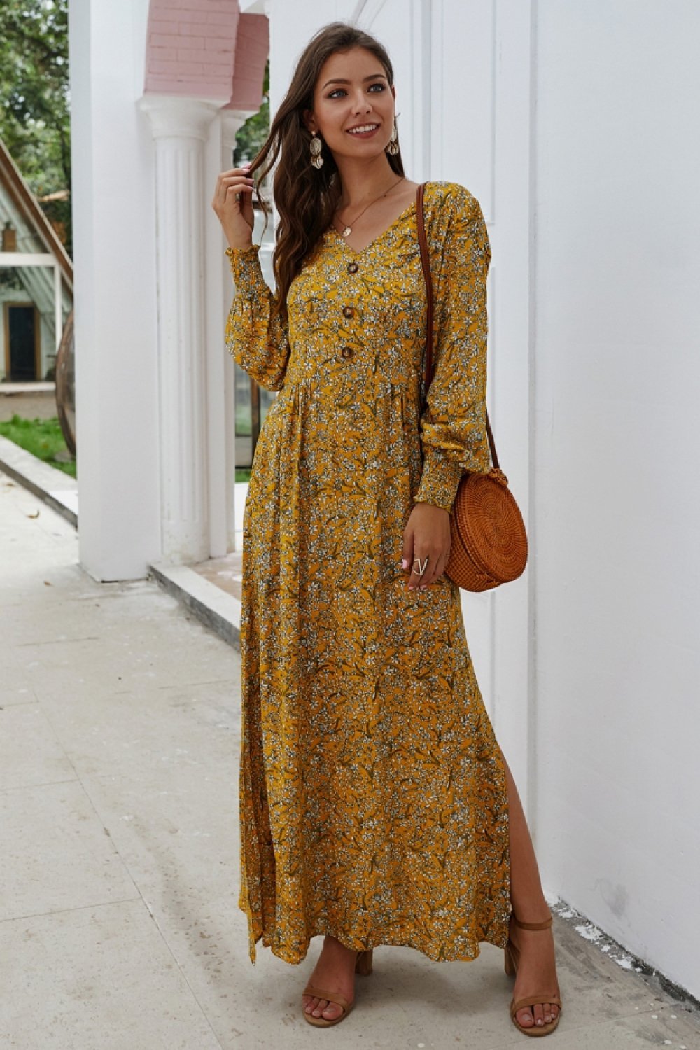 Floral V Neck Long-sleeved Mid Dress