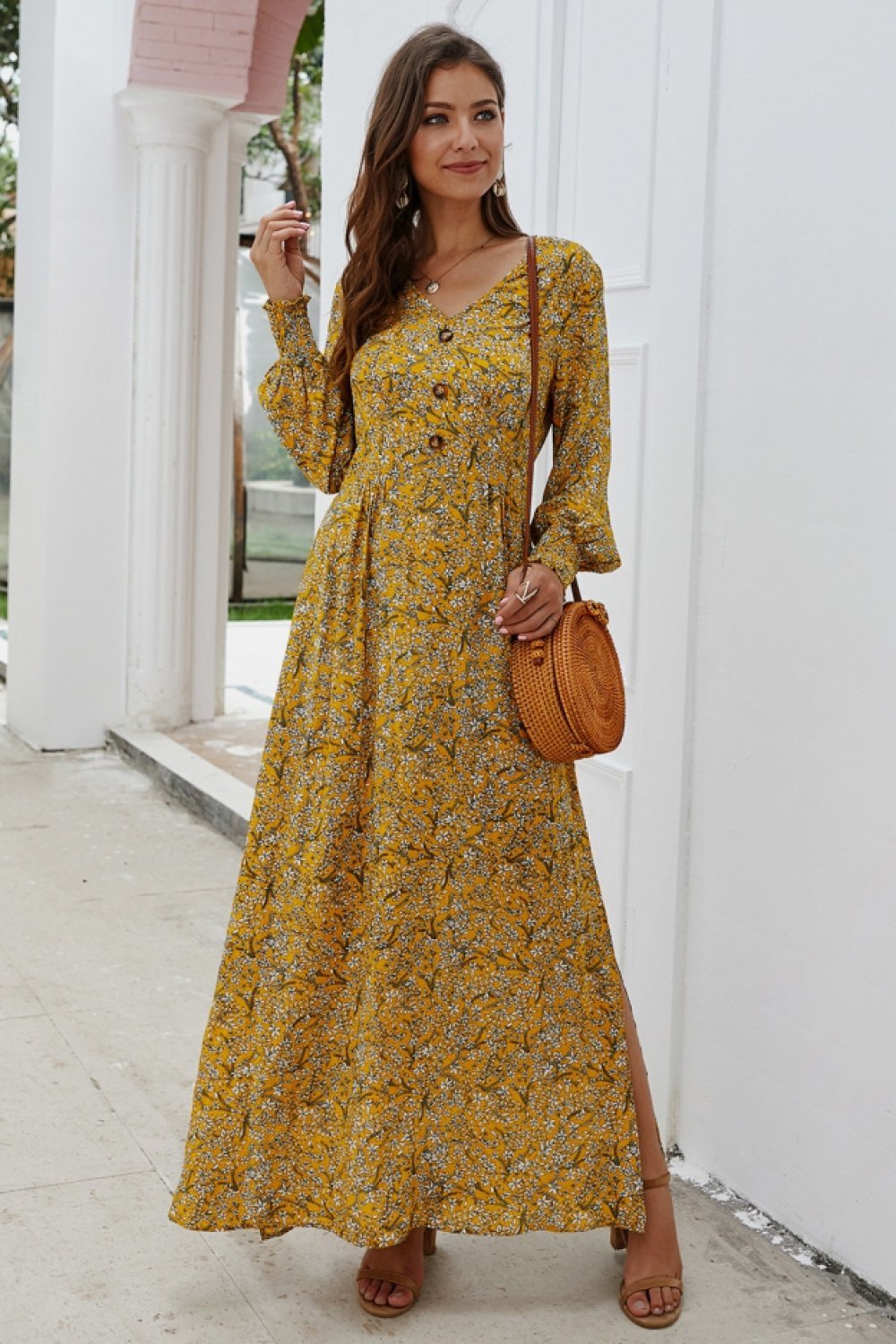 Floral V Neck Long-sleeved Mid Dress