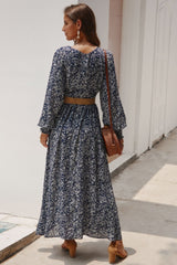 Floral V Neck Long-sleeved Mid Dress