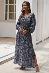 Floral V Neck Long-sleeved Mid Dress