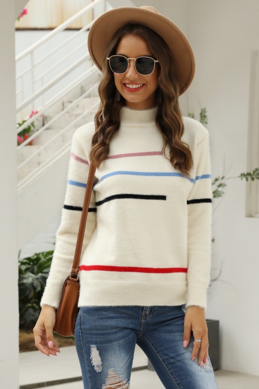 Fluffy Stripe High Neck Loose Sweater