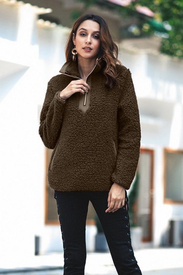 Fluffy Turn-down Collar Zipper Sweatshirt