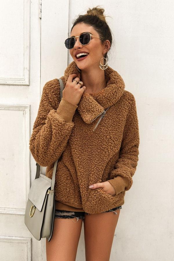 High Neck Fluffy Zipper Coat