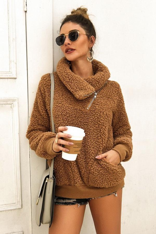 High Neck Fluffy Zipper Coat