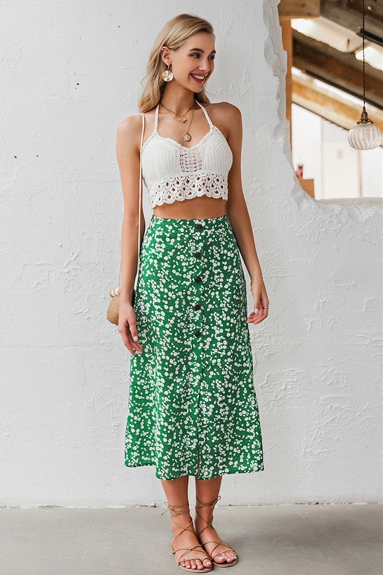 High waist Buttons Floral A-line Skirt