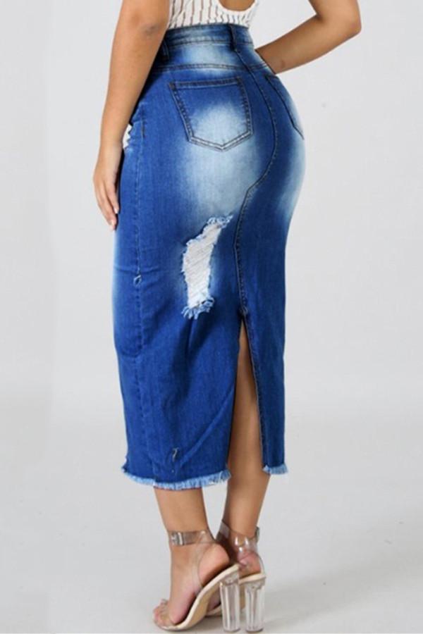 High Waist Ripped Destroyed Denim Skirt