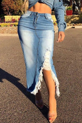 High Waist Ripped Destroyed Denim Skirt