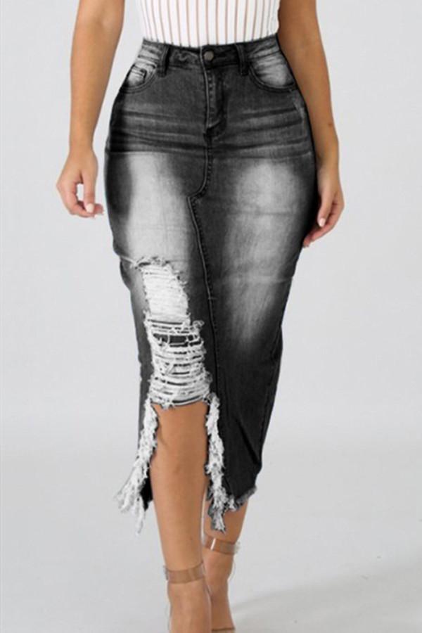 High Waist Ripped Destroyed Denim Skirt