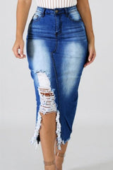 High Waist Ripped Destroyed Denim Skirt