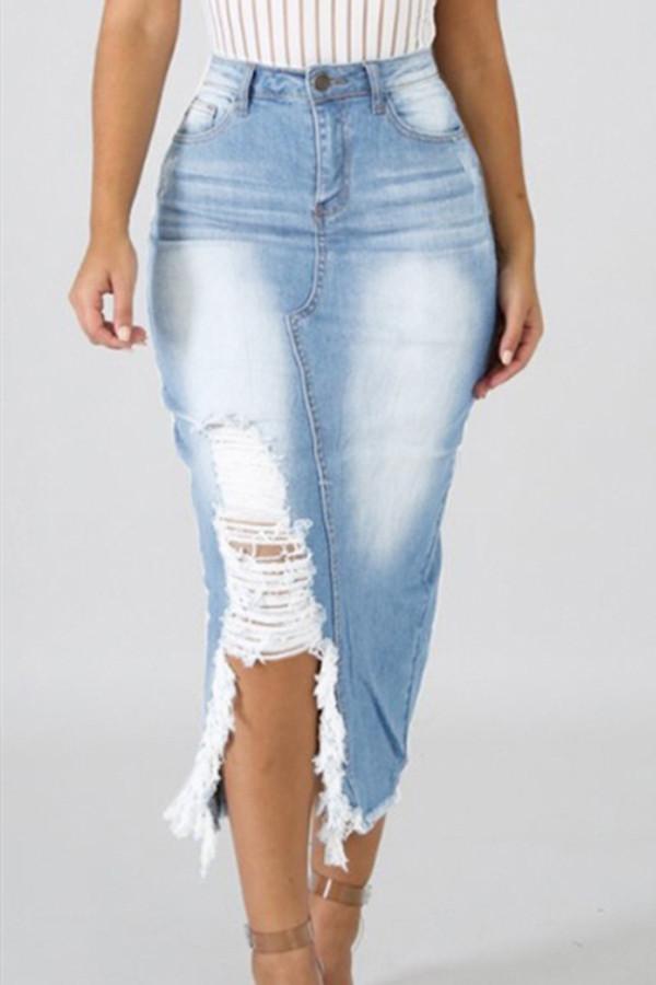 High Waist Ripped Destroyed Denim Skirt